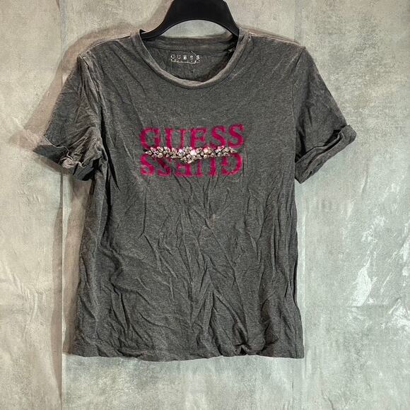 GUESS Women's Charcoal Rhinestone Embellished Crewneck Short Sleeve Tee SZ M - Picture 1 of 11